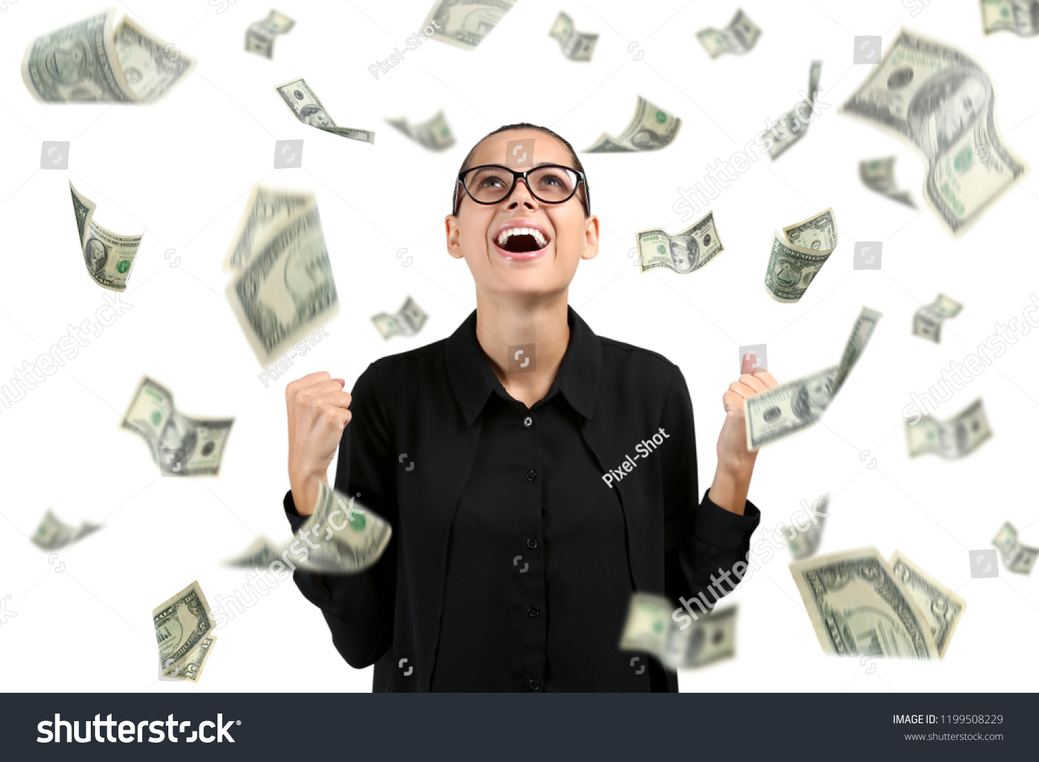 Happy Rich Woman Falling Dollar Banknotes Stock Photo 1199508229 