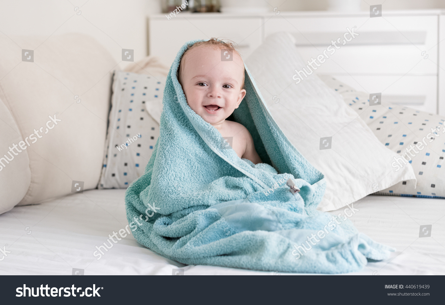 Happy Smiling Baby Covered Blue Towel Stock Photo Shutterstock