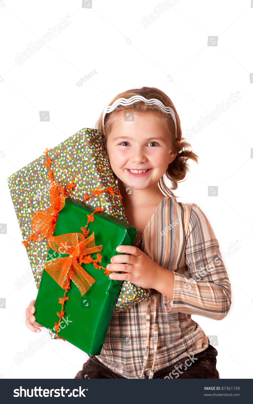 Happy Smiling Little Girl Holding Gifts Stock Photo 87361739 