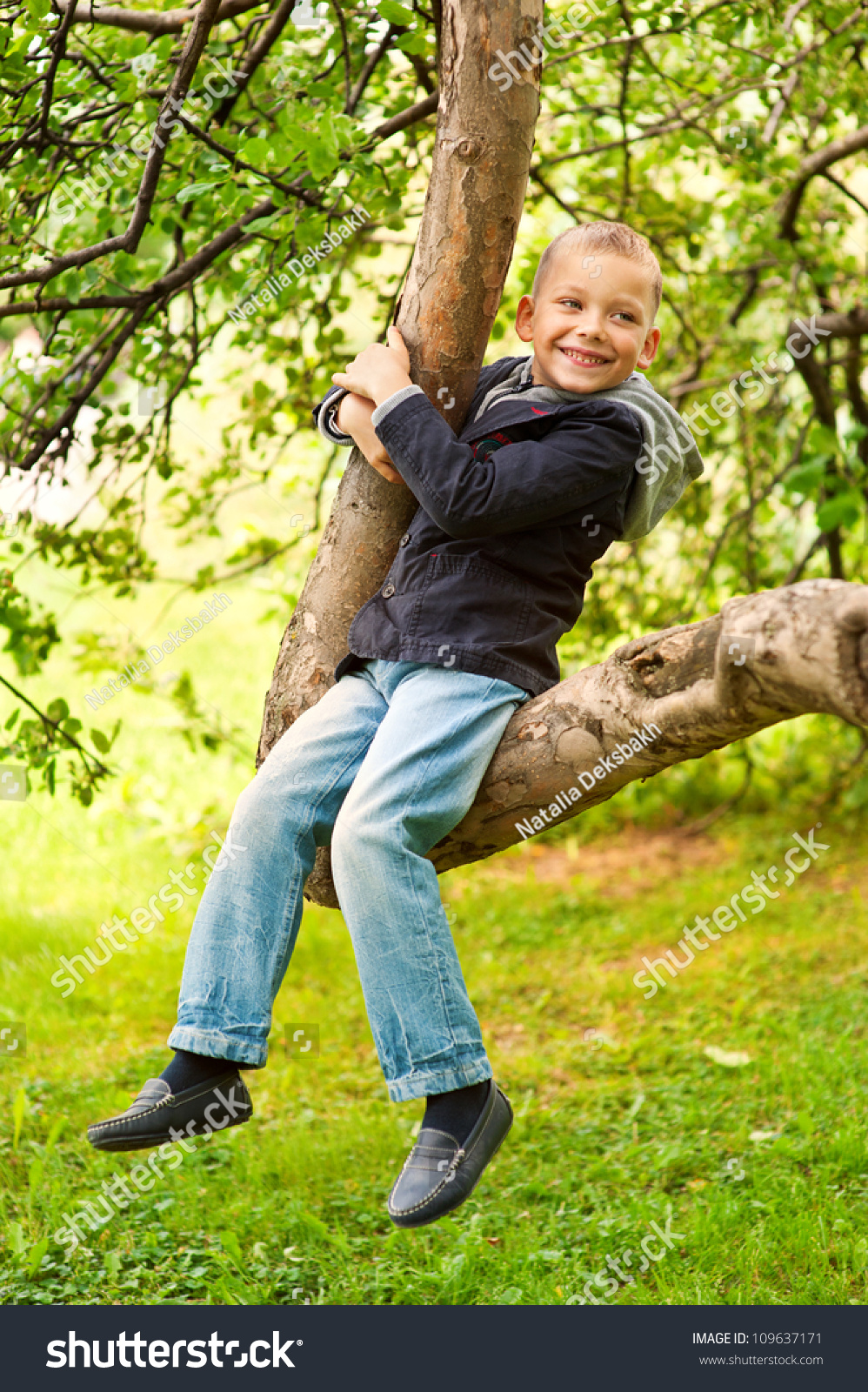 Happy Smiling Toddler Boy Sitting On Tree In Green Summer Garden Stock ...