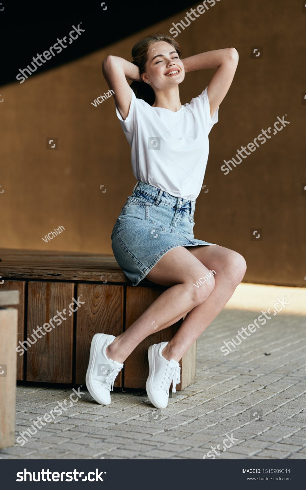 white t shirt and denim skirt