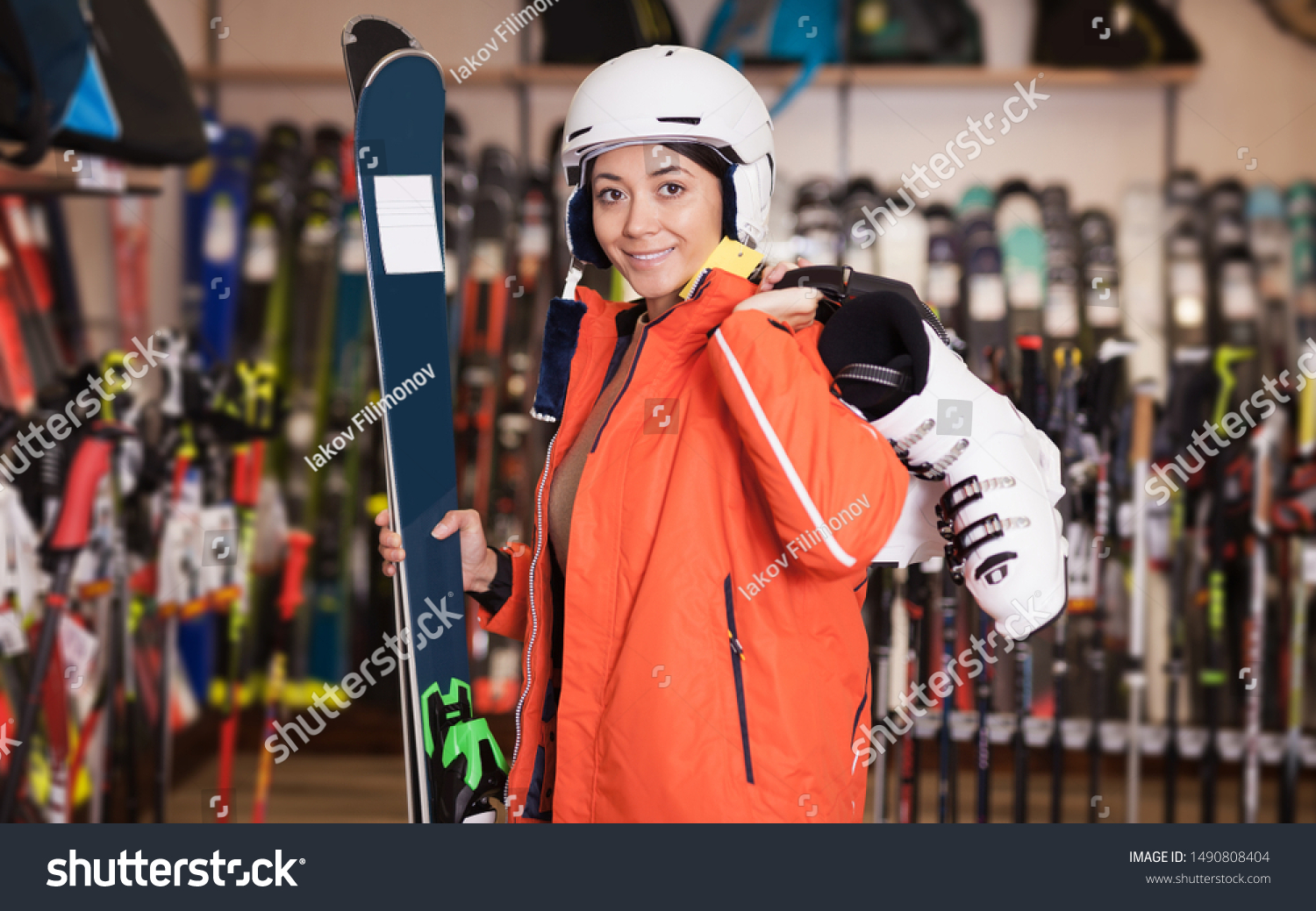 Happy Woman Skiing Outfit Standing Purchased Stock Photo Edit Now