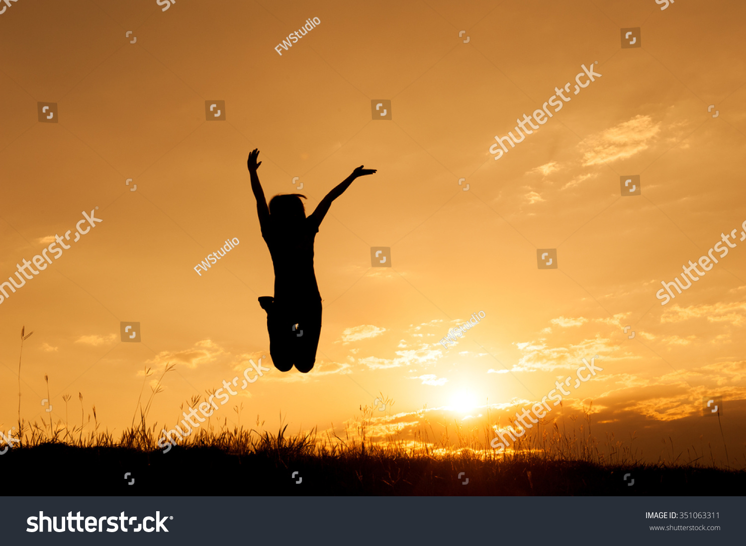 Happy Woman Jumping Sunset Silhouette Copy Stock Photo 340094741