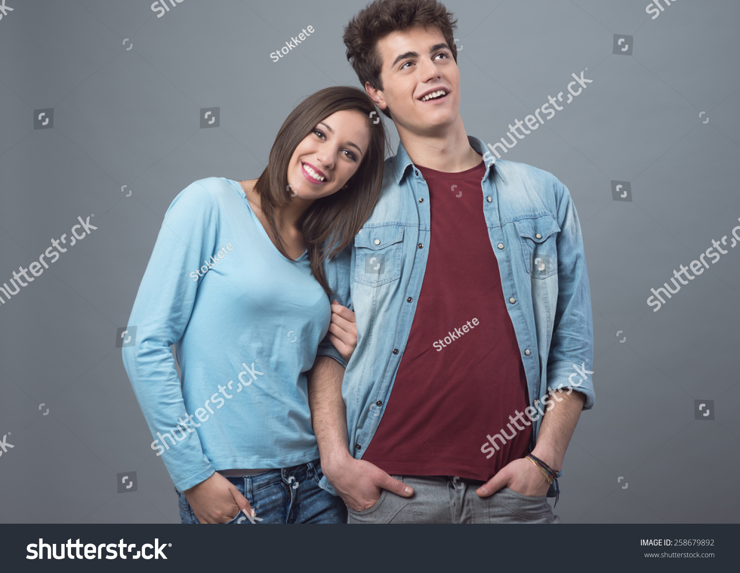 Happy Young Couple Posing Together Smiling Stock Photo 258679892 ...