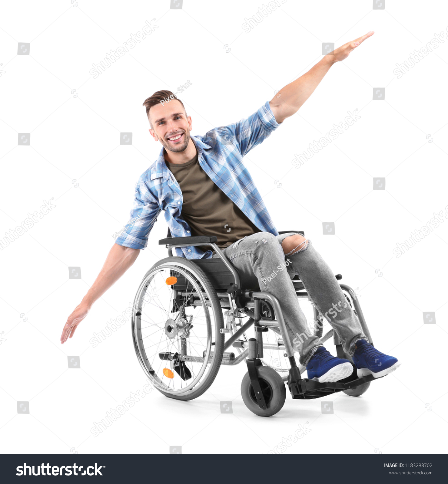 Happy Young Man Sitting Wheelchair On Stock Photo 1183288702 | Shutterstock