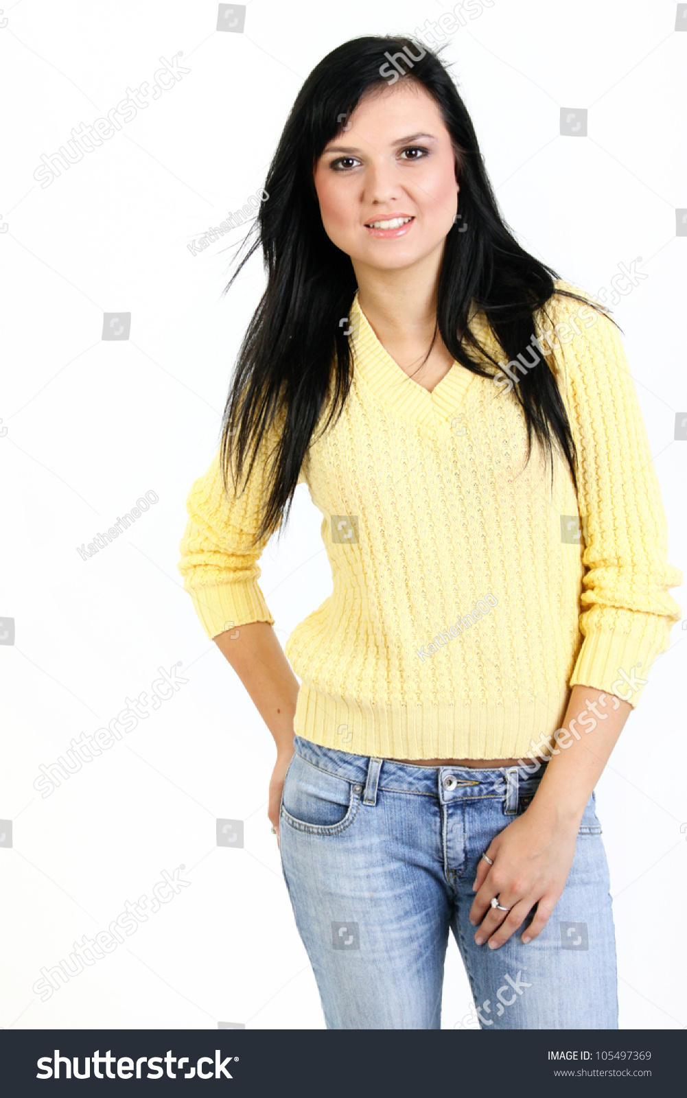 Happy Young Woman Standing Isolated On White Background Stock Photo ...