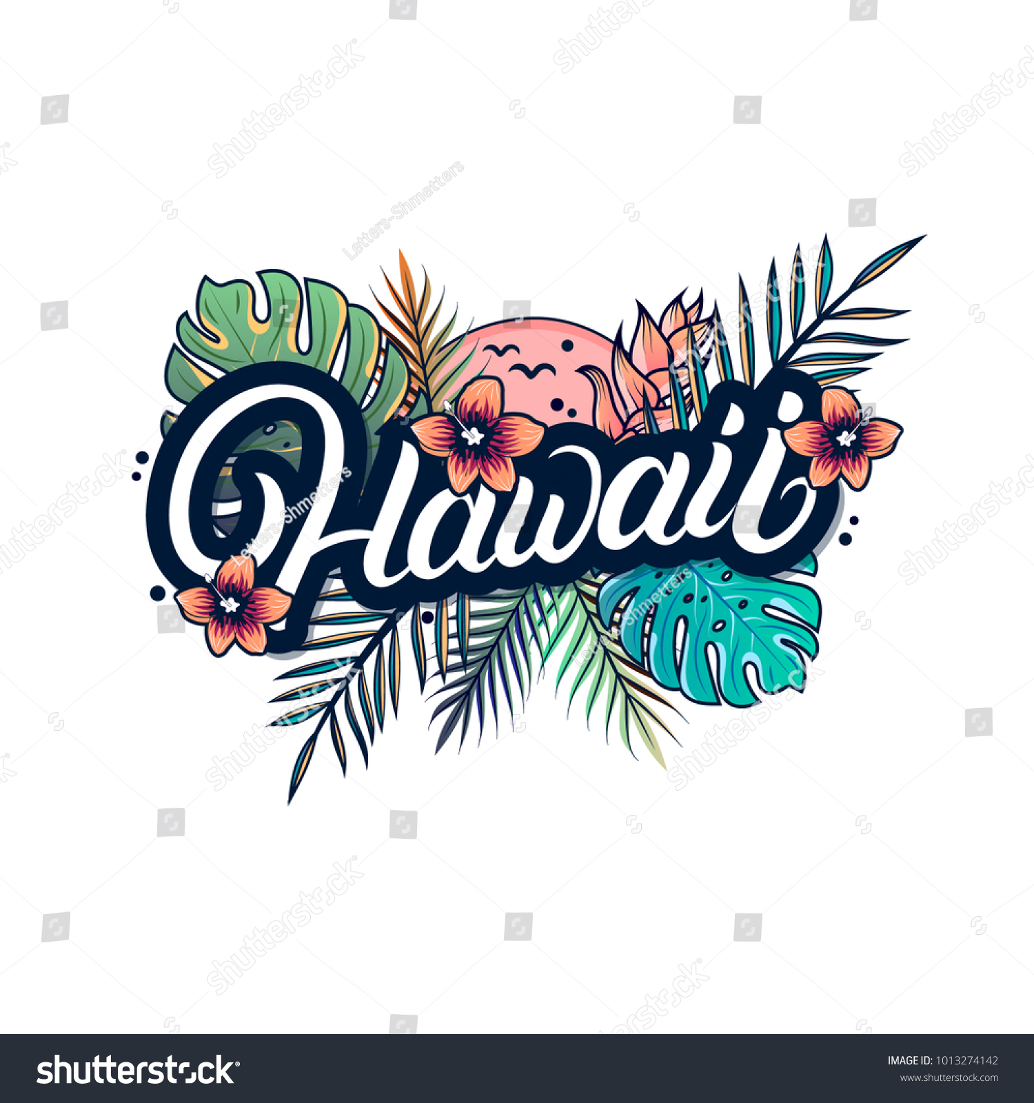 Hawaii Hand Written Lettering Palm Monstera Stock Illustration ...