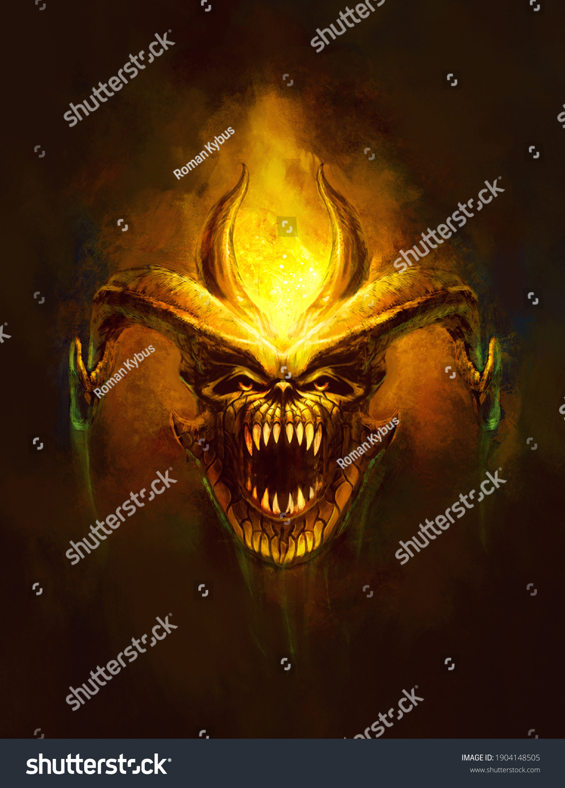 Head Horned Monster Bared Teeth Flames Stock Illustration 1904148505 ...