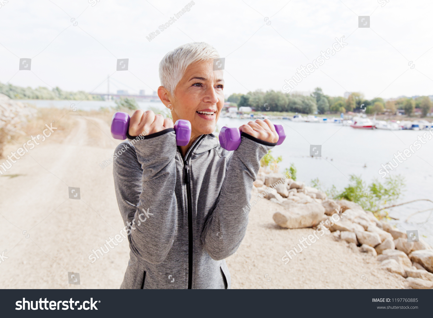 Healthy Mature Woman Exercise Weights Grayshort Stock Photo Edit