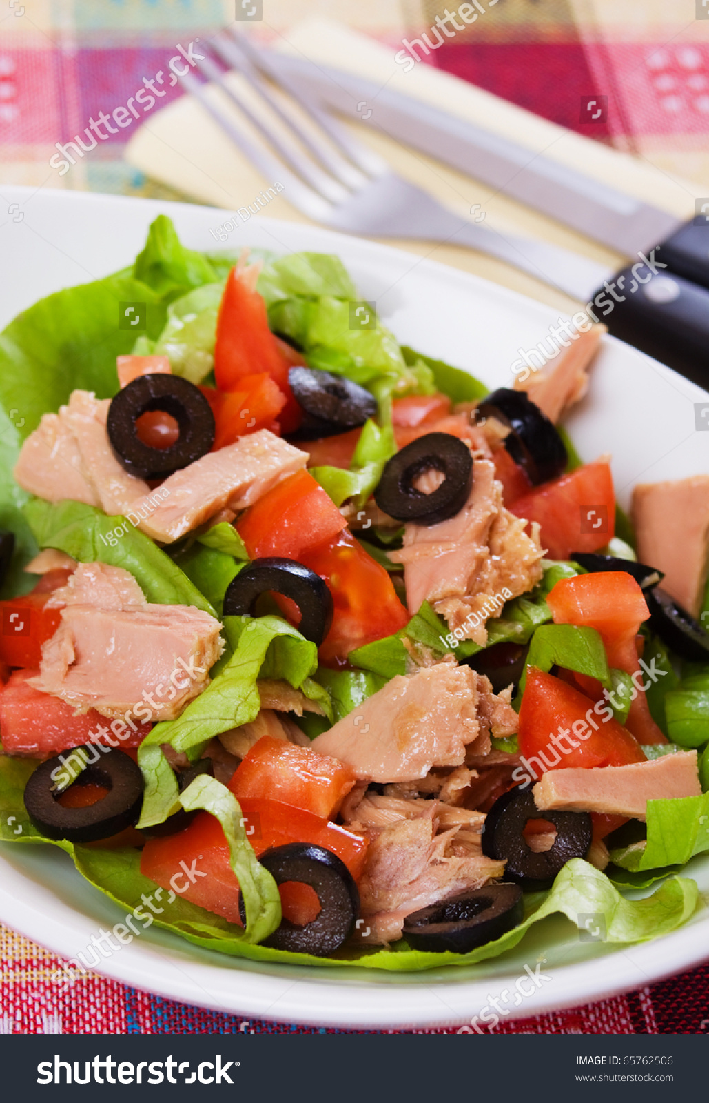 Healthy Tuna Salad With Tomato, Lettuce And Black Olives Stock Photo ...