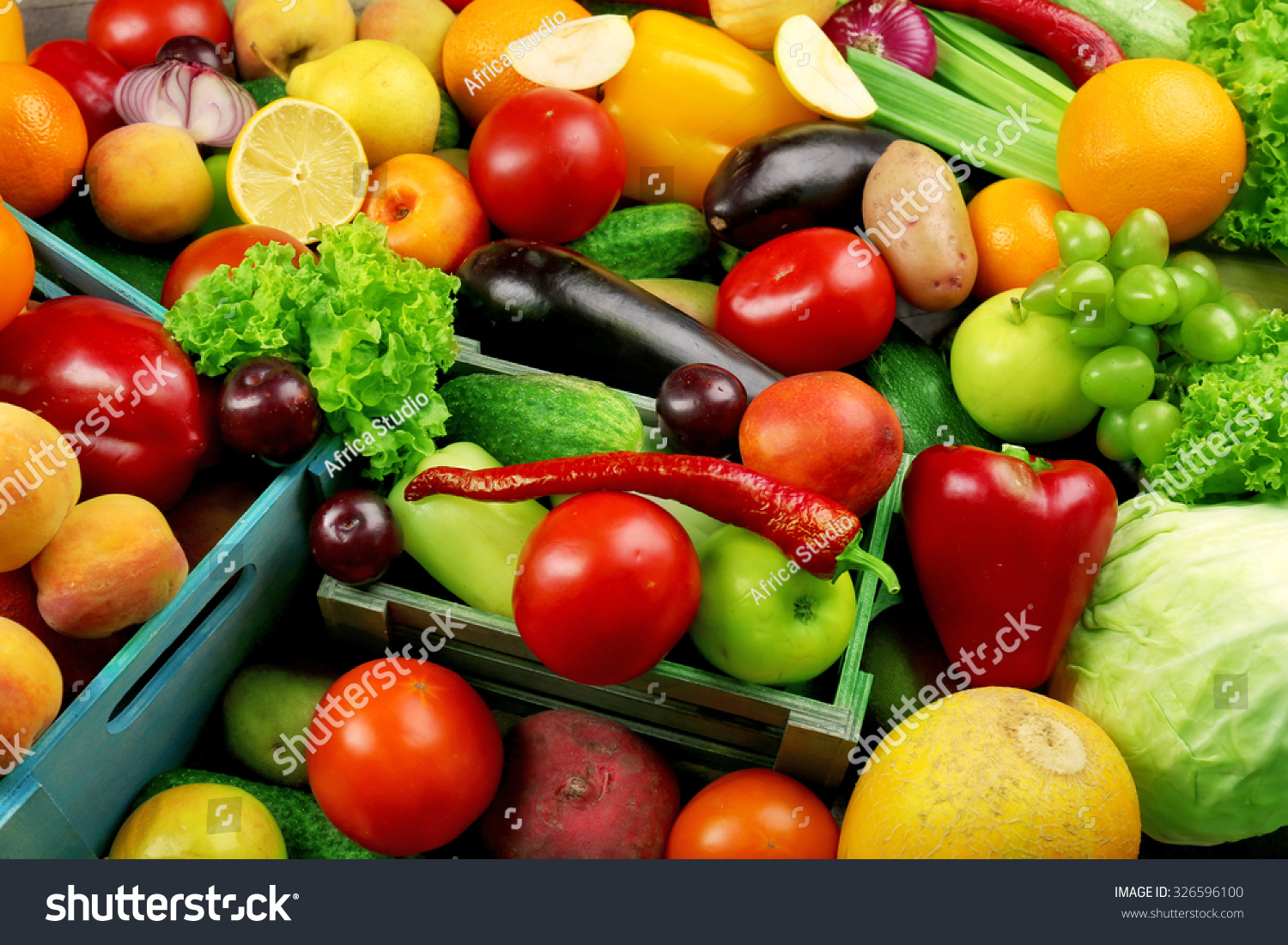 Heap Of Fresh Fruits And Vegetables Close Up Stock Photo 326596100 ...