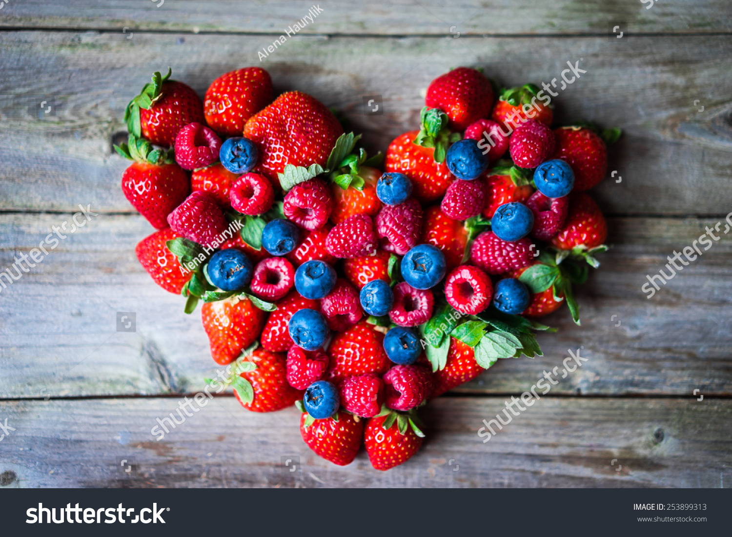 Heart Berries On Wooden Background Stock Photo (Edit Now) 253899313