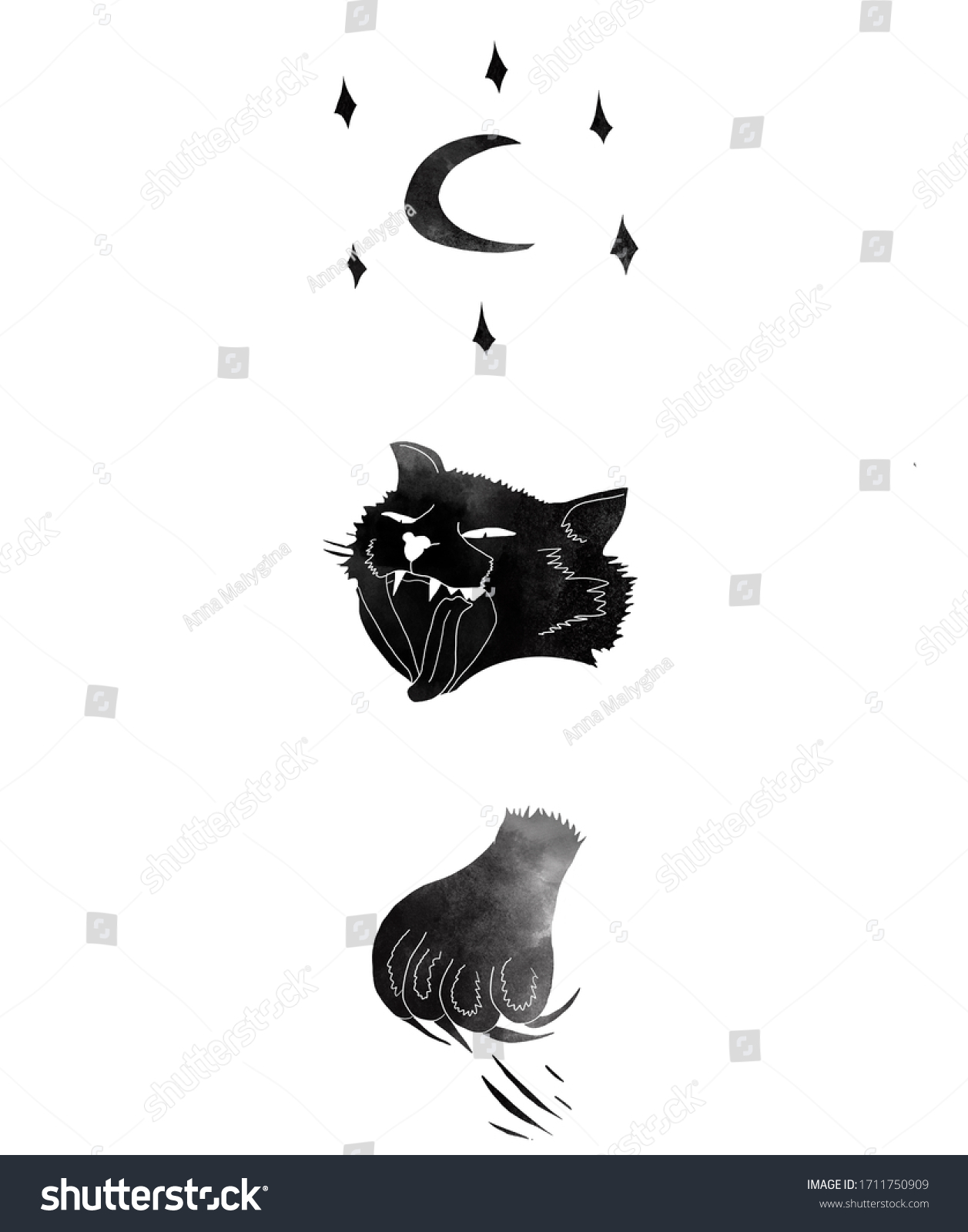 ヘルキャットタトゥースタイルパック:猫の頭、猫の前足、月、星 ...