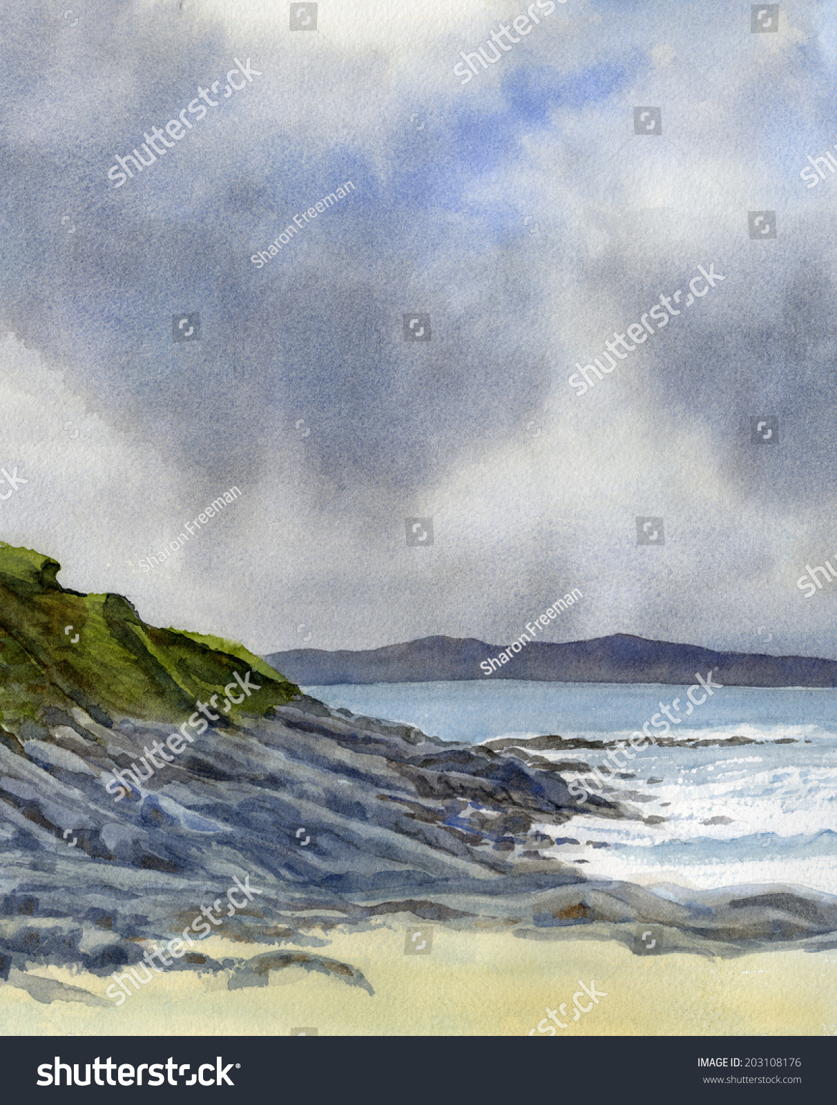 Highland Coastal Rain Vertical Design Watercolor Stock Illustration