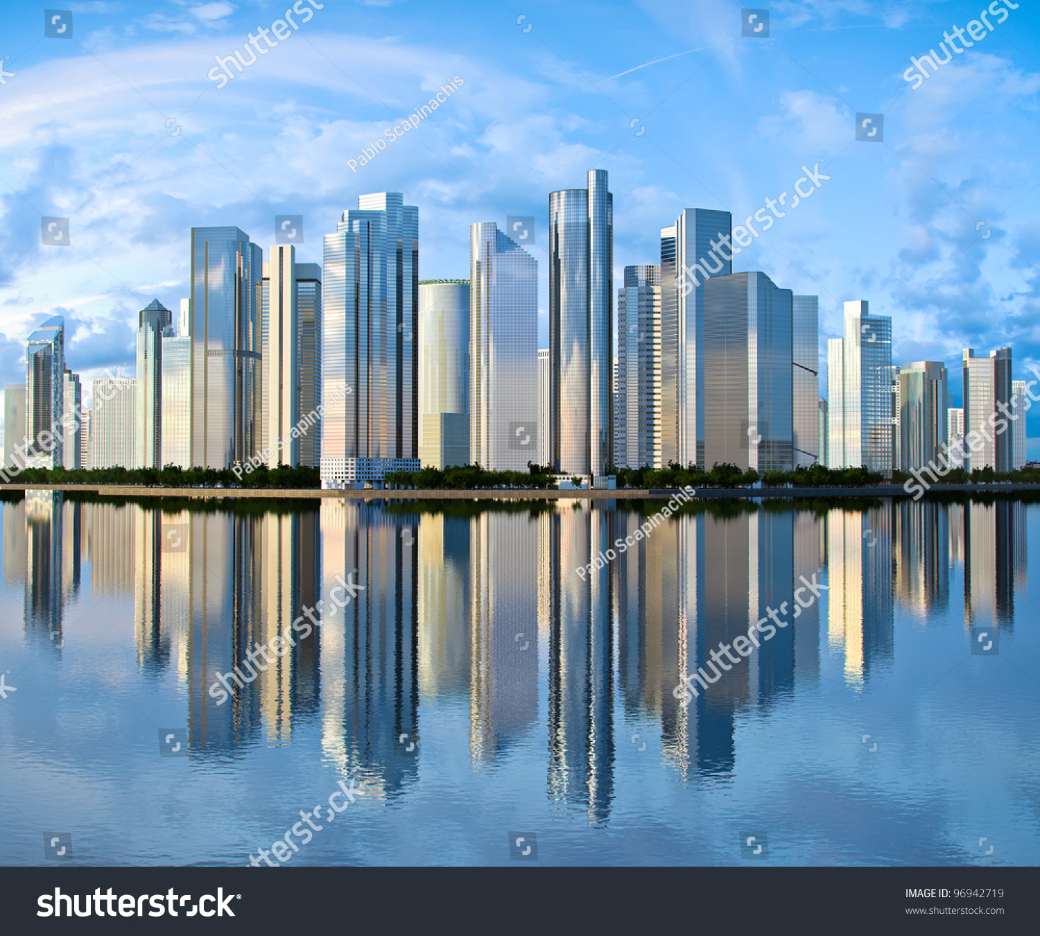 Highrise Glass Skyscraper Buildings Skyline Reflected On Water Against ...