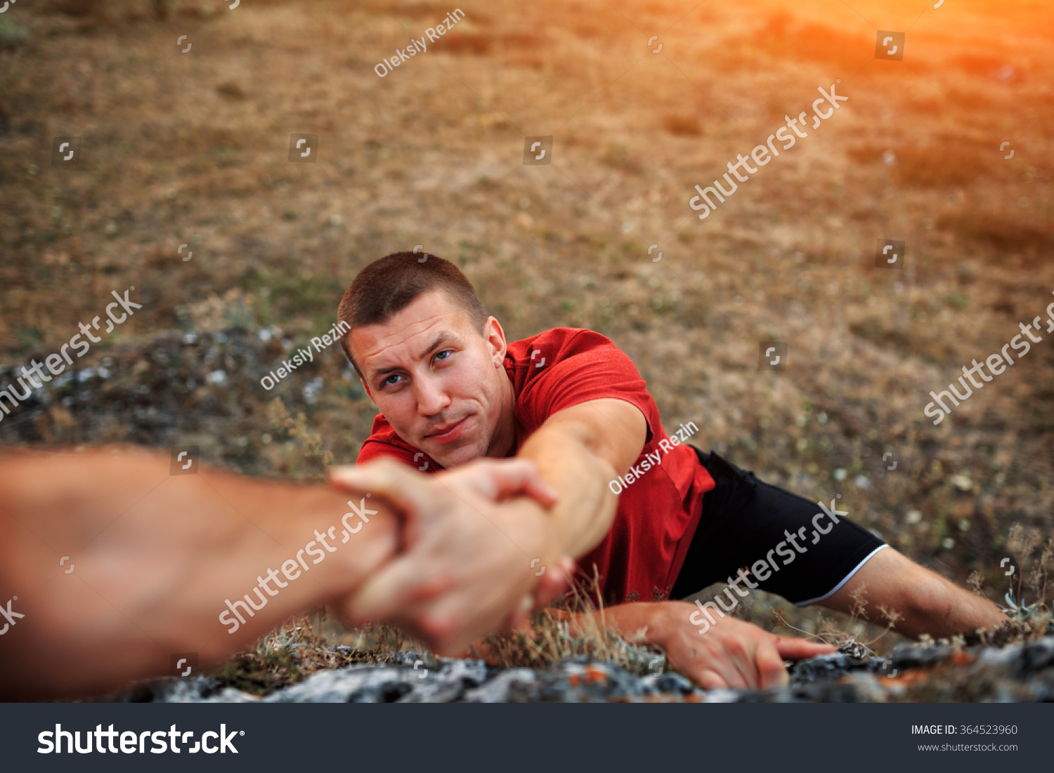 Hiker Helping Friend While Trekking On Stock Photo (Edit Now) 364523960