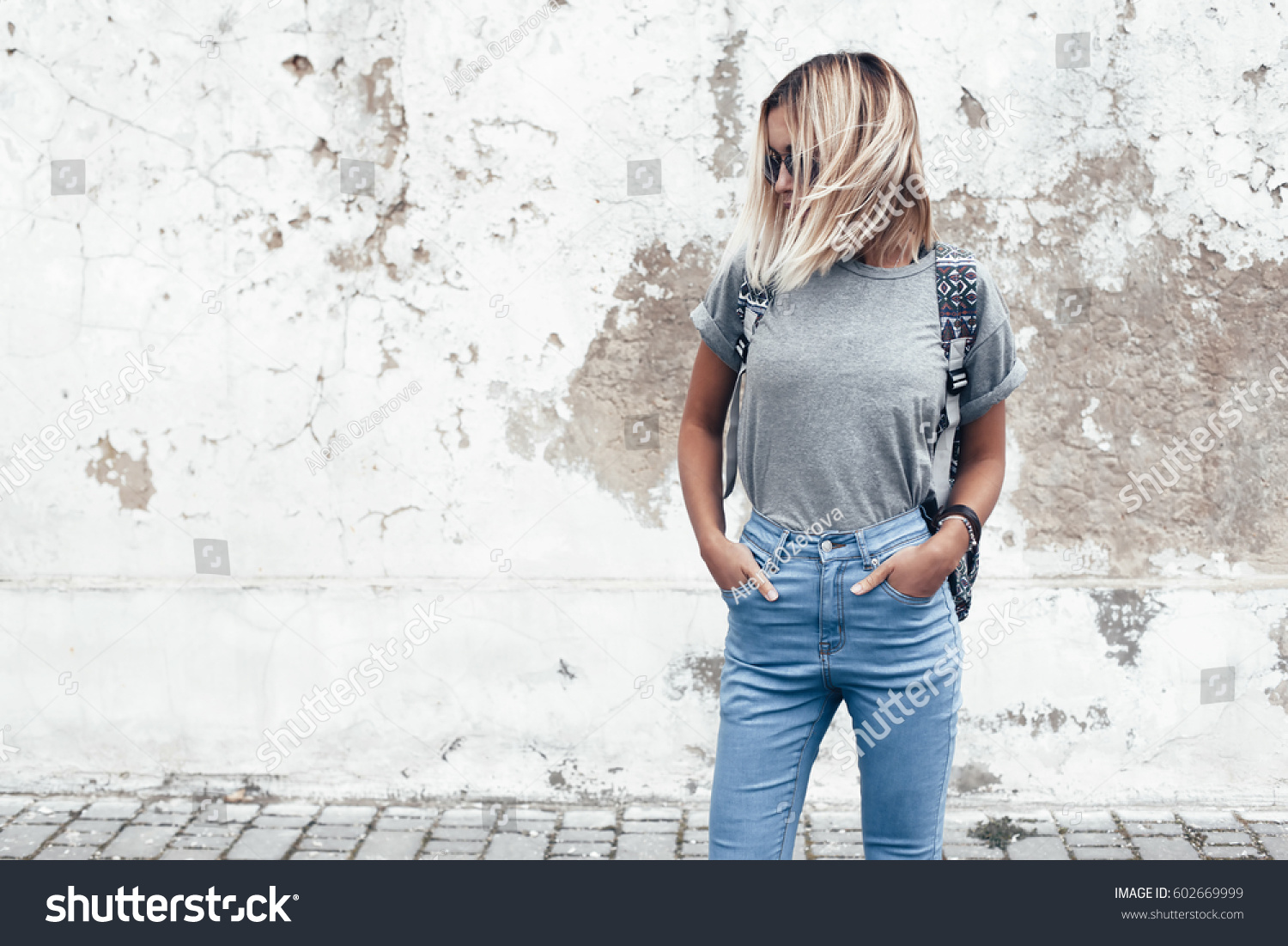 t mockup gray shirt Blank Girl Photo Stock Wearing Shutterstock Gray Hipster  Tshirt 602669999