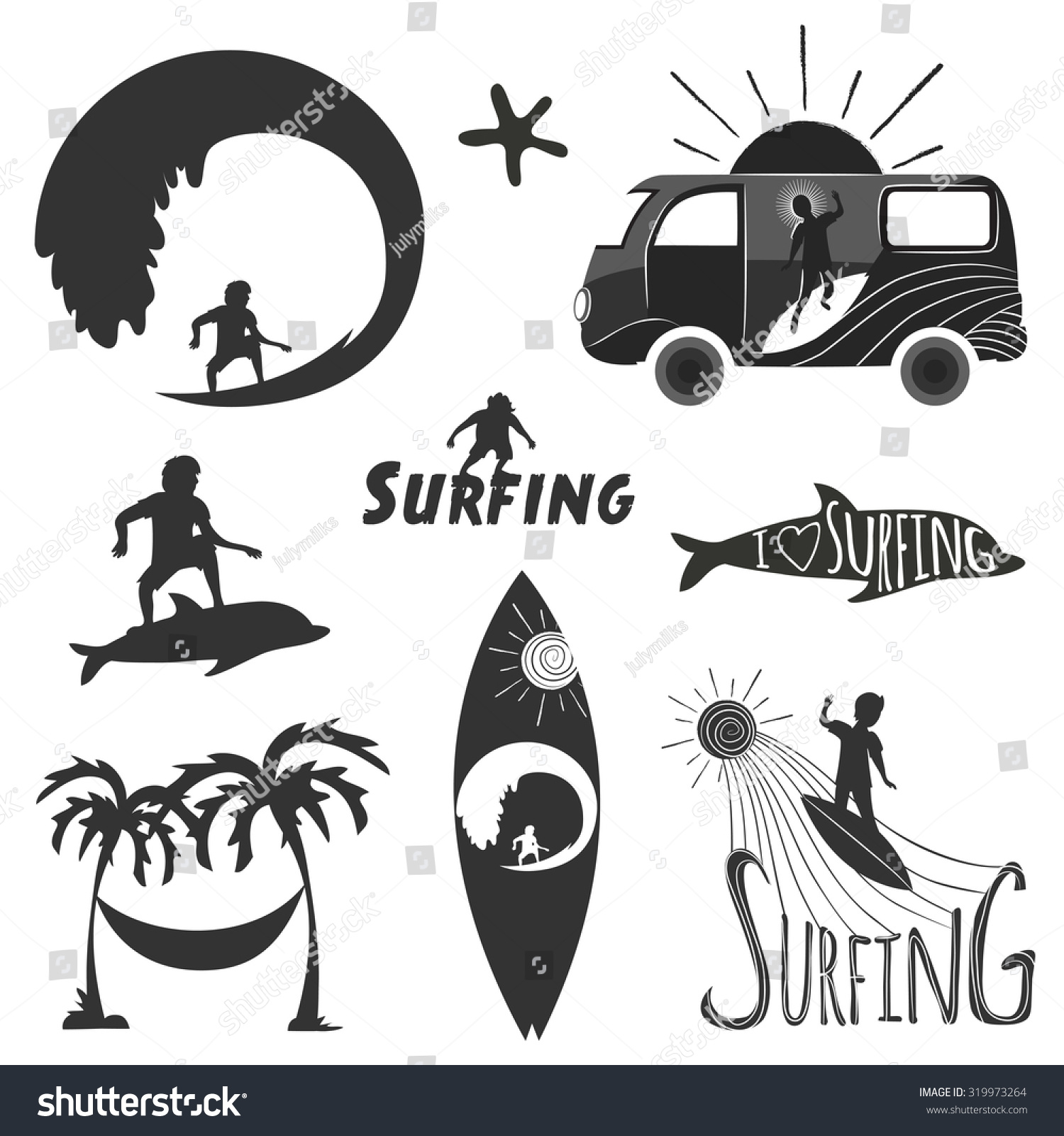 Hipster Set Of Vintage Surfing Labels, Emblems Or Logos. Surfboard ...