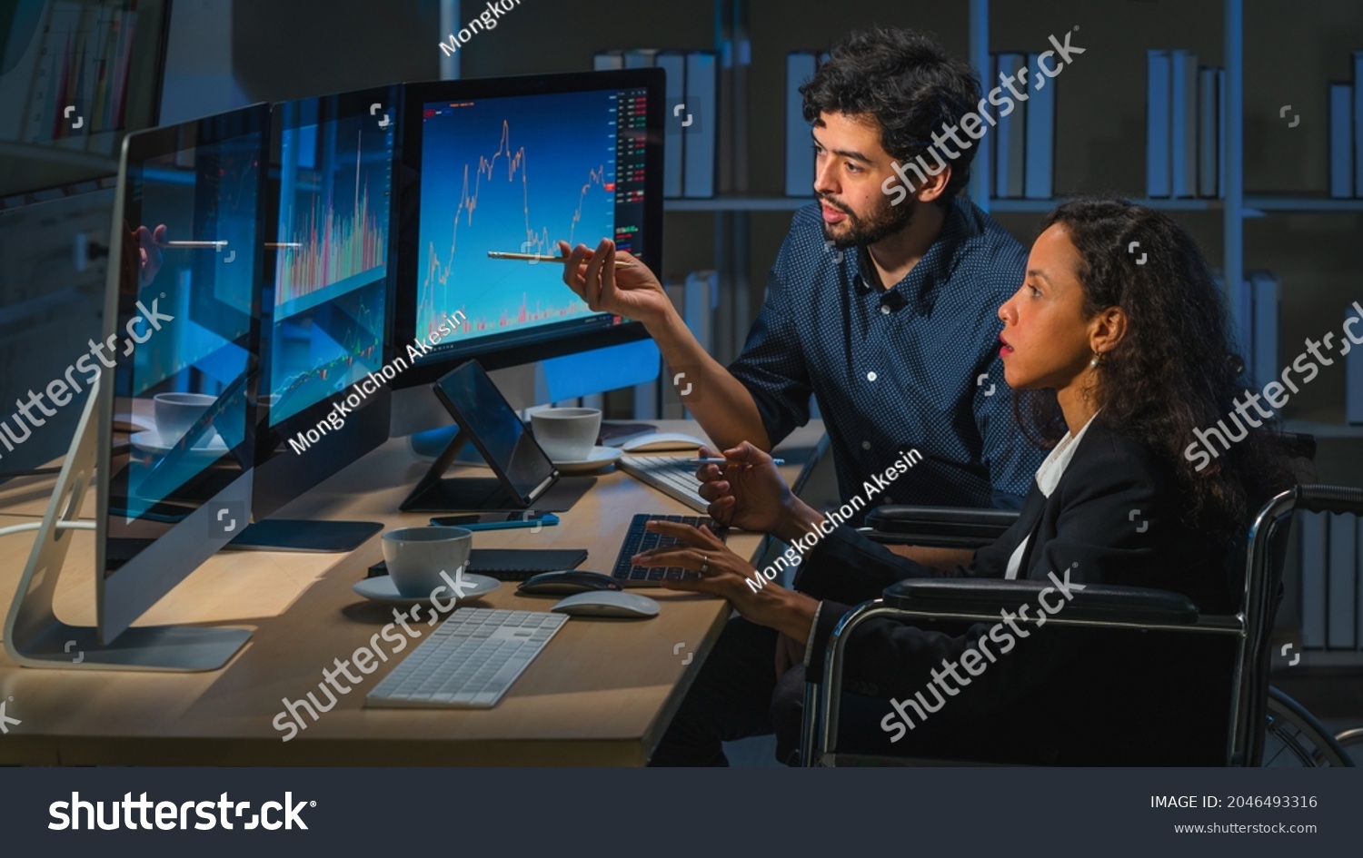 46 867 Computer Analyst Images Stock Photos Vectors Shutterstock   Stock Photo Hispanic Female Financial Analyst With Disability On Wheelchair With Caucasian Male Finacial 2046493316 