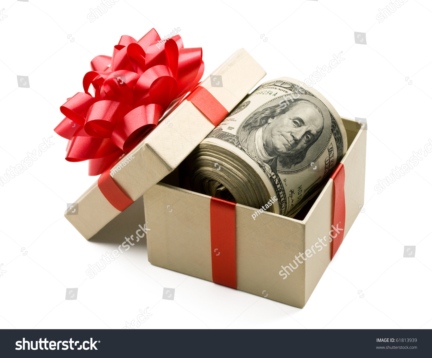 Holiday Bonus. Money Roll Laying In Red Bow Decorated Gift Box. Stock ...