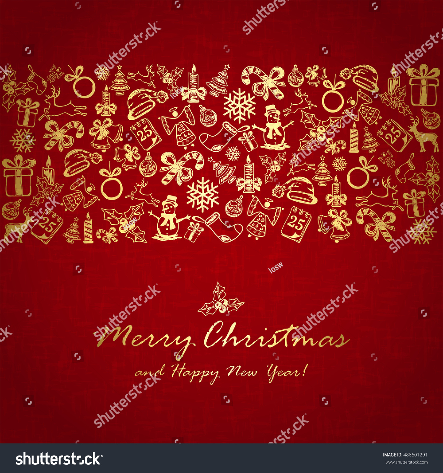 Holiday Decorations With Golden Christmas Elements On Red Background