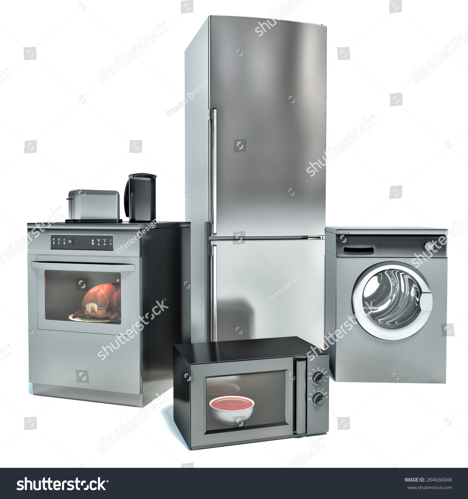 Home Appliances Isolated On White. Fridge, Gas Cooker, Microwave Oven ...