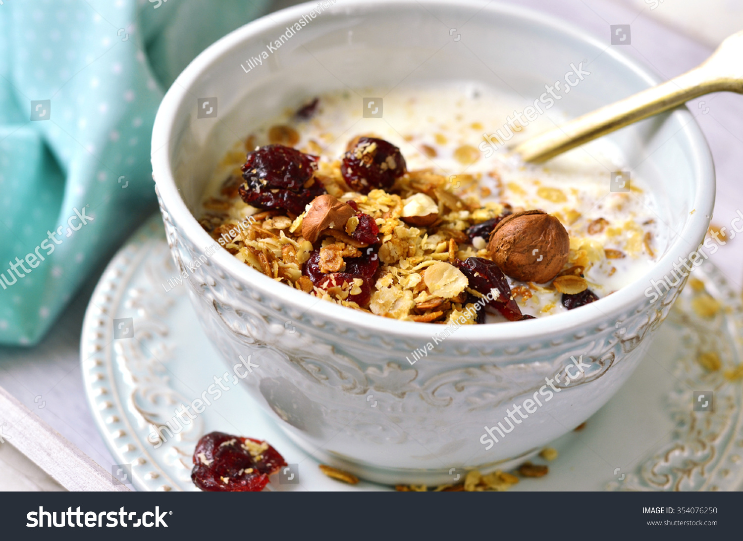 Homemade Granola With Milk In A Vintage Bowl - Healthy Breakfast Stock ...