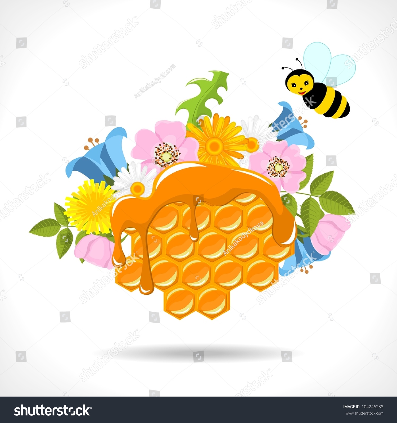 Honeycomb Honey Flowers Two Cartoon Bees Stock Illustration 104246288 ...