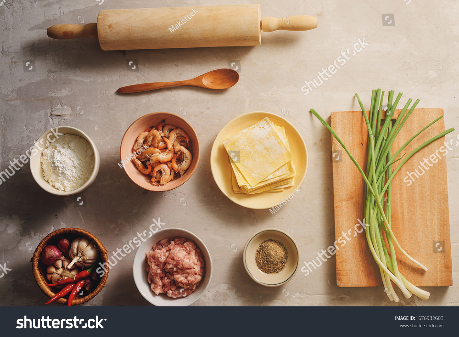 1 712 Dumpling Wrapper Images Stock Photos Vectors Shutterstock   Stock Photo Hong Kong Style Wonton Ingredients Shrimp Ground Pork And Wonton Wrappers At Kitchen 1676932603 