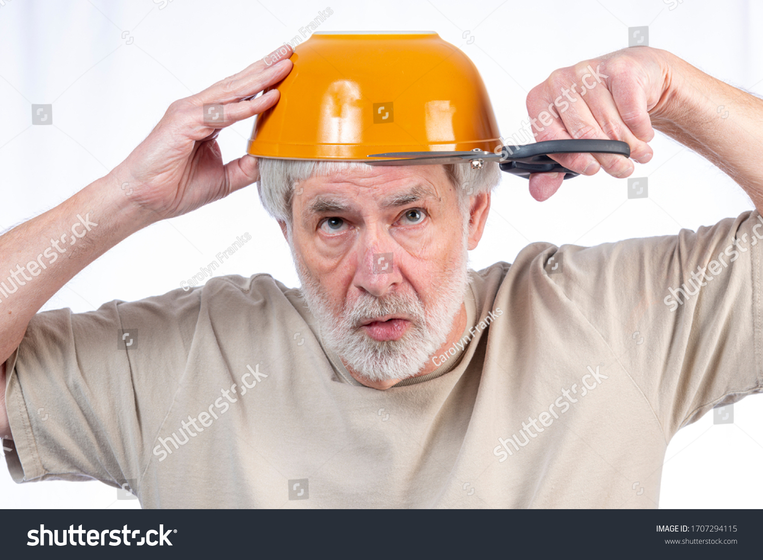 1 878 Bad Haircut Man Images Stock Photos Vectors Shutterstock   Stock Photo Horizontal Shot Of A Gray Haired Man Who S Been In Quarantine Too Long Attempting To Use A Bowl 1707294115 