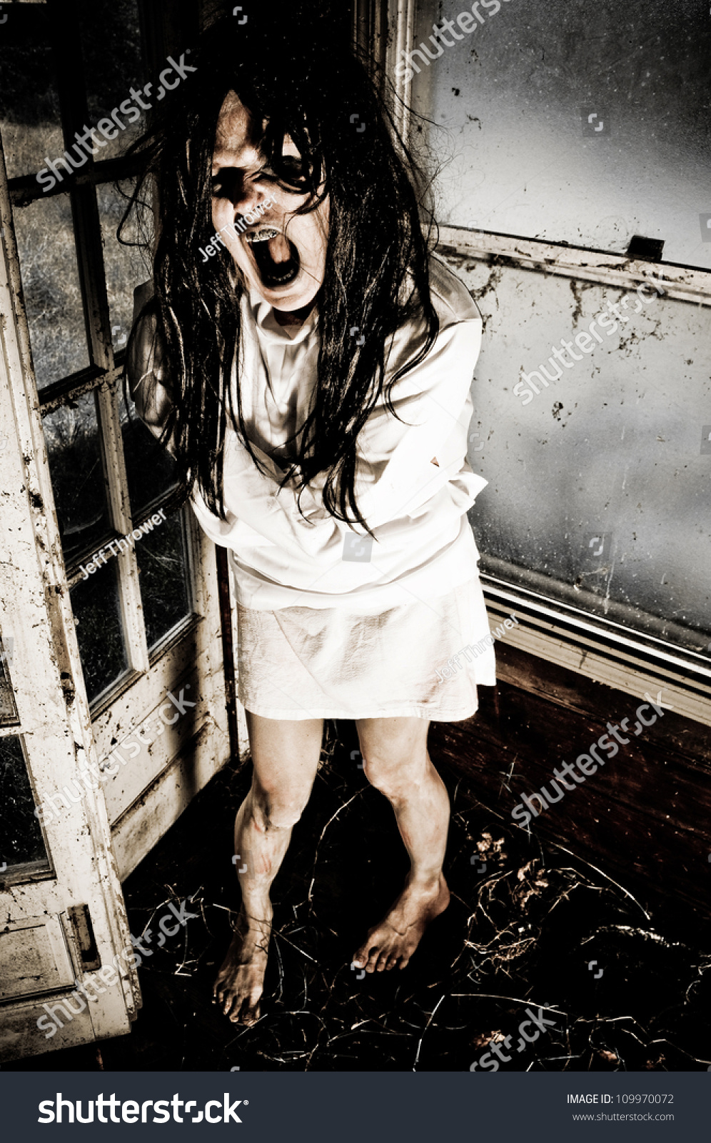 Horror Scene Woman Possessed Wearing Straight Stock Photo ...