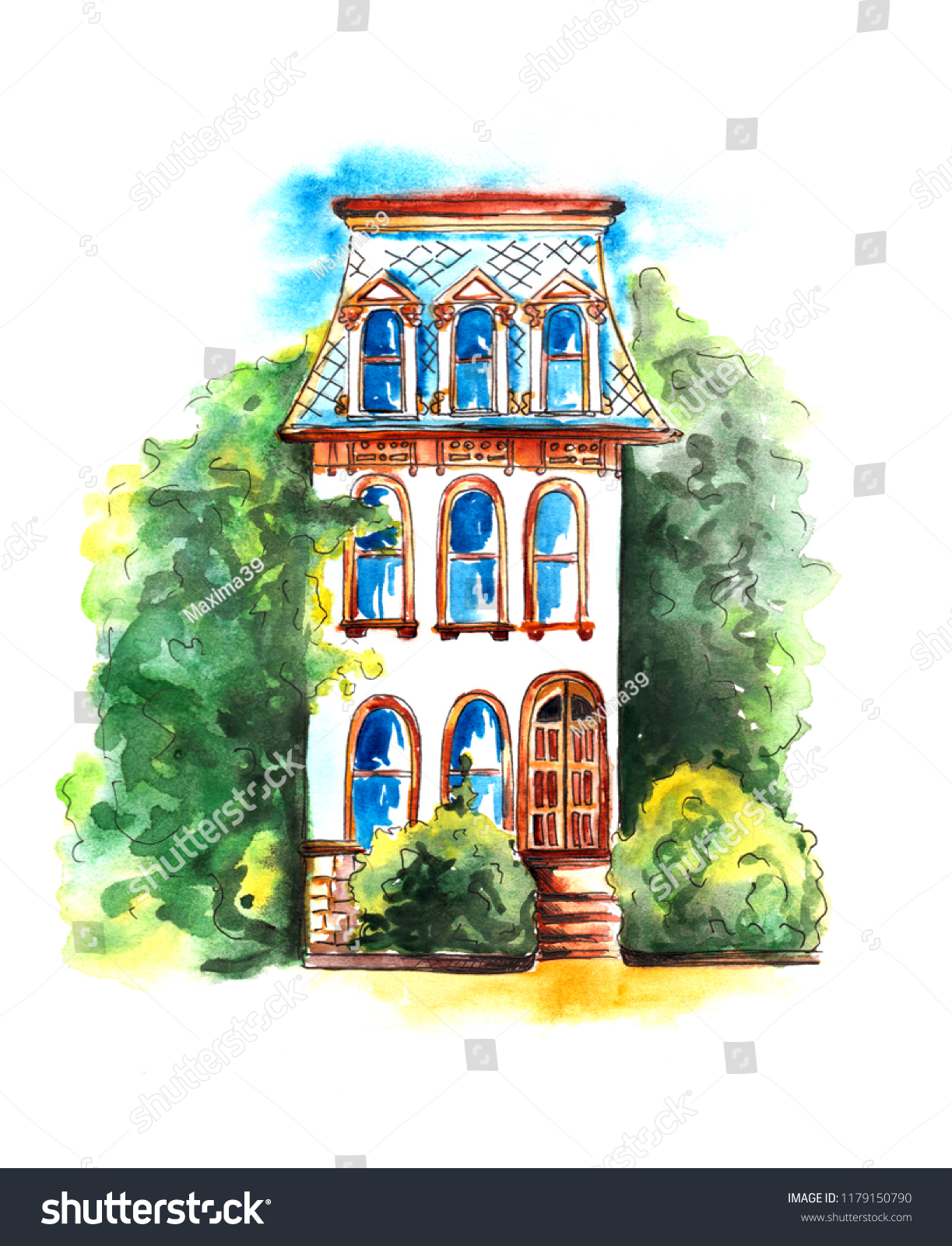 Download House Architecture Garden Window Watercolor Drawing Stock Illustration 1179150790