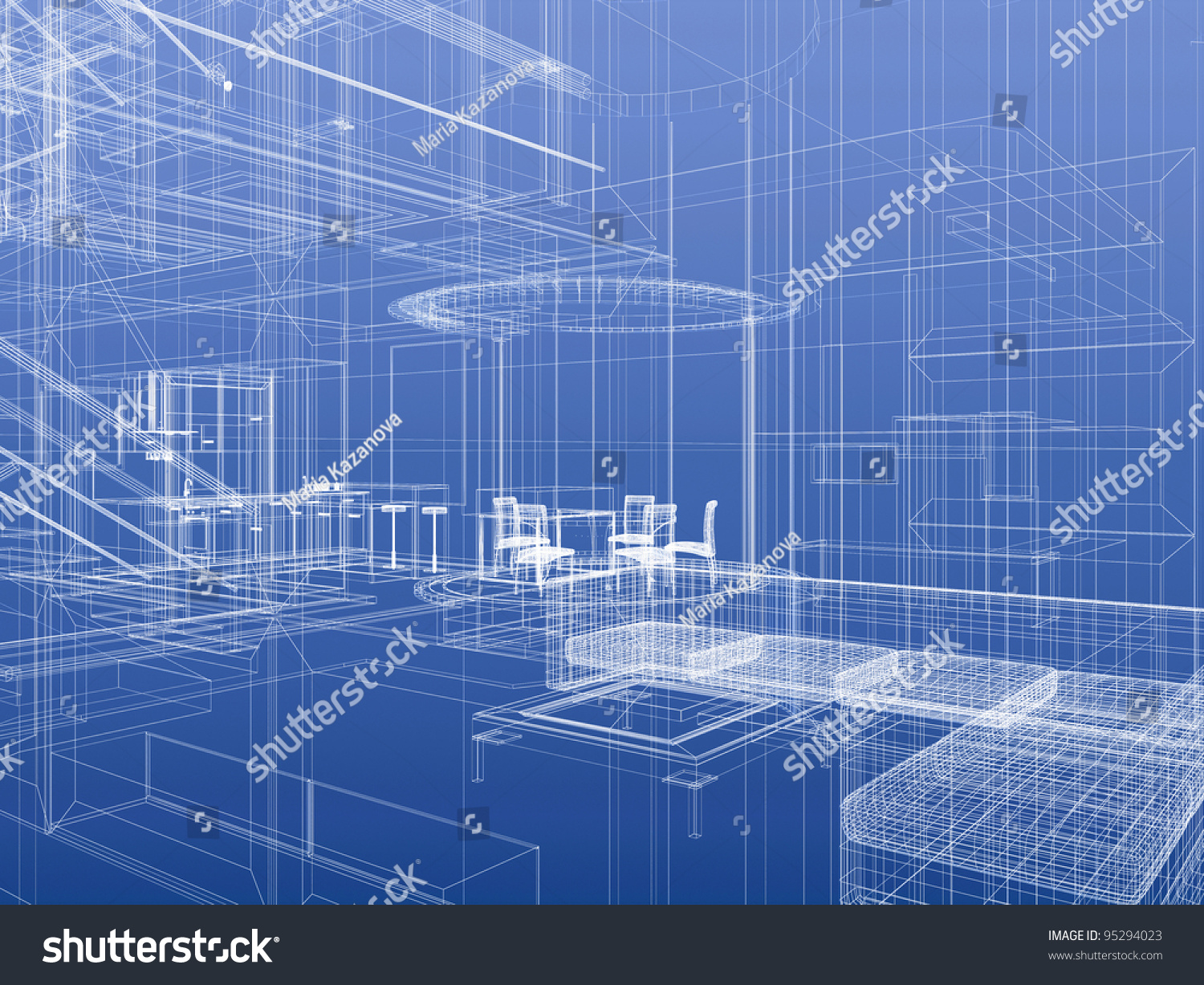 House Interior Blueprint Style. 3d-Rendering Stock Photo 95294023 ...