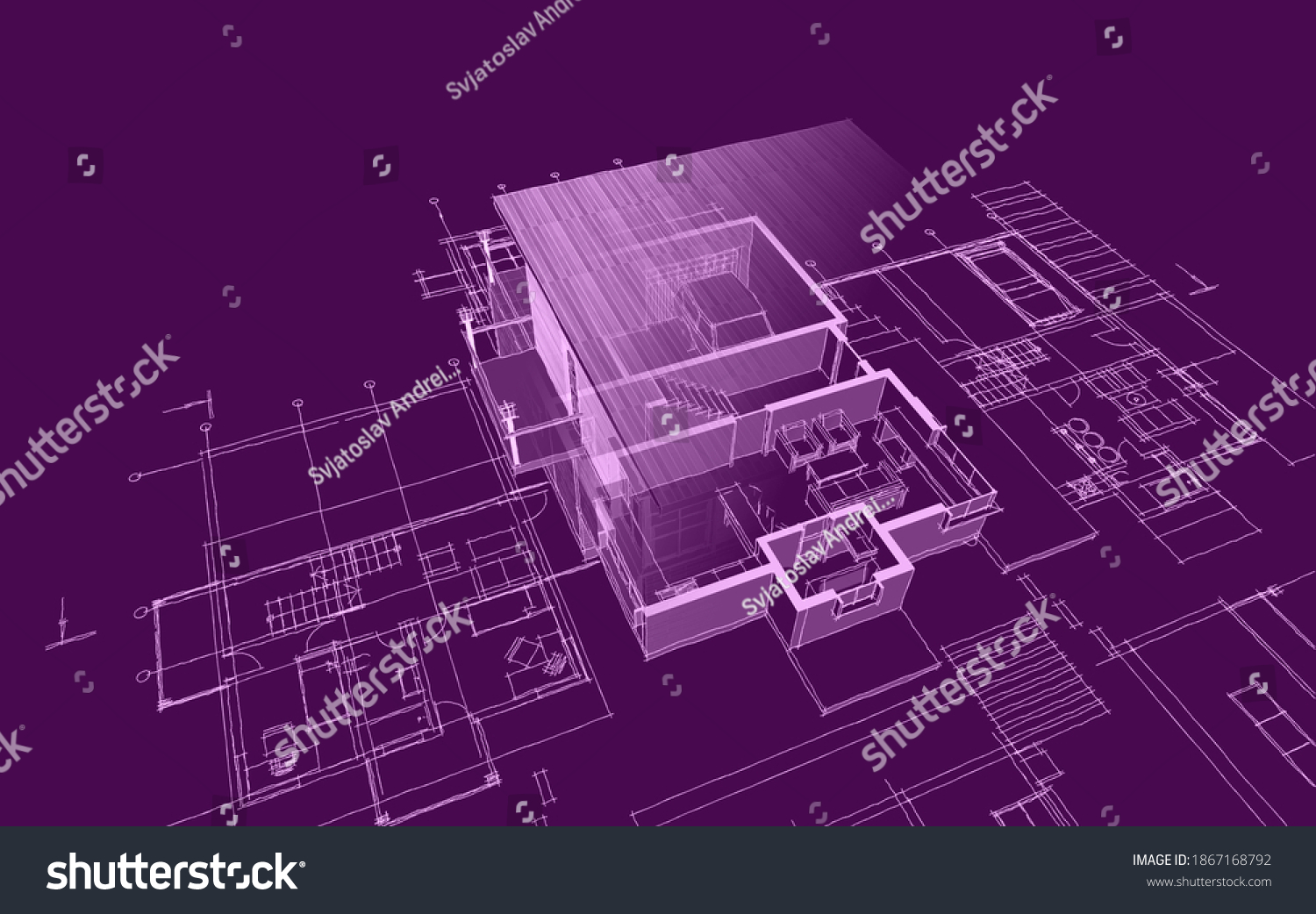 house-plan-facades-architectural-sketch-3d-stock-illustration