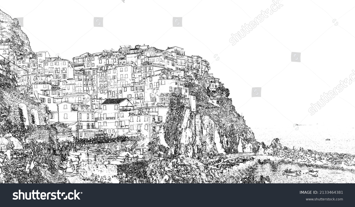 Houses On Rock Manarola Drawing Architecture Stock Illustration ...