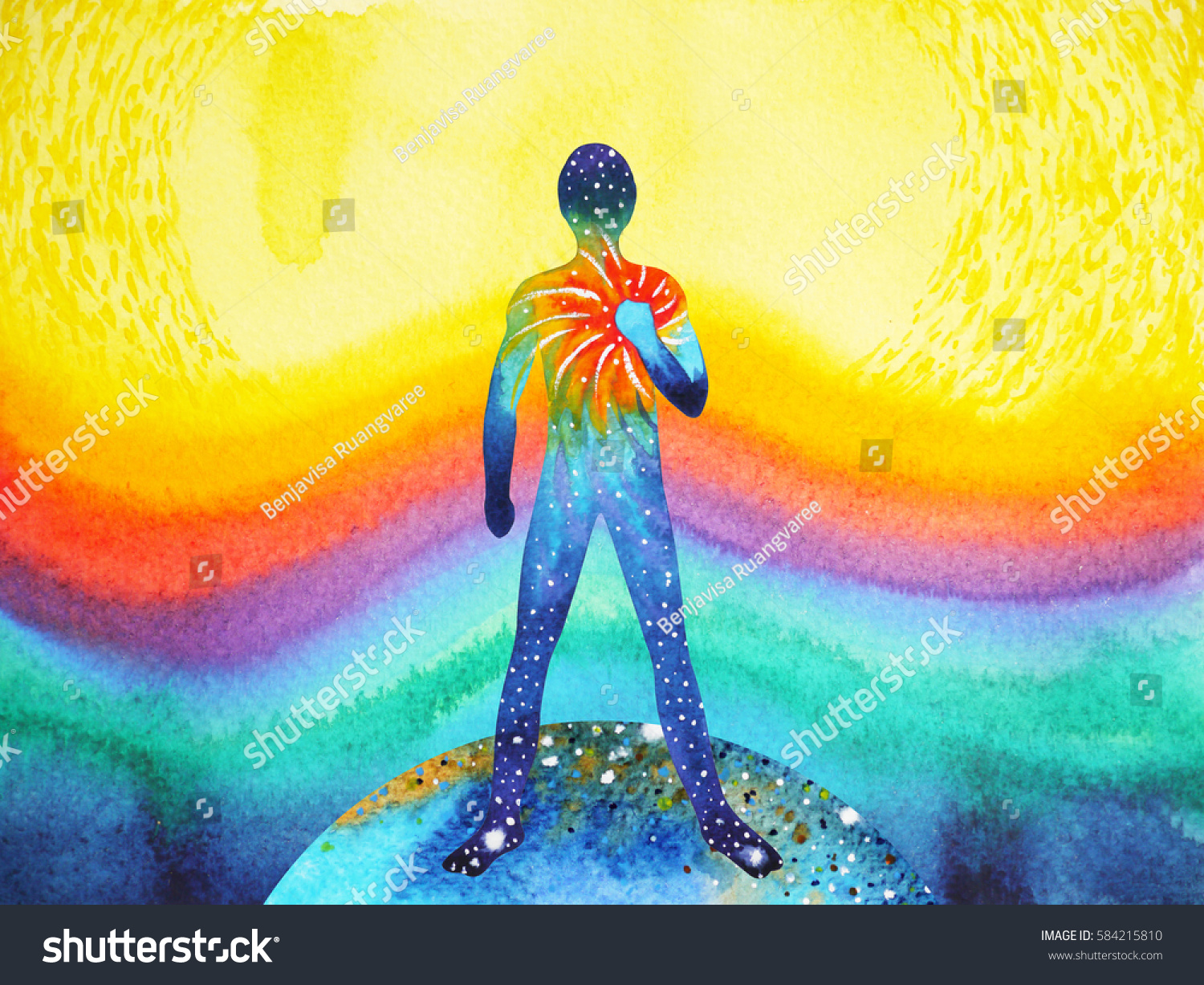 人間と宇宙の力,水彩画,チャクラレイキ,インスピレーション抽象的思考,世界,心の中の宇宙