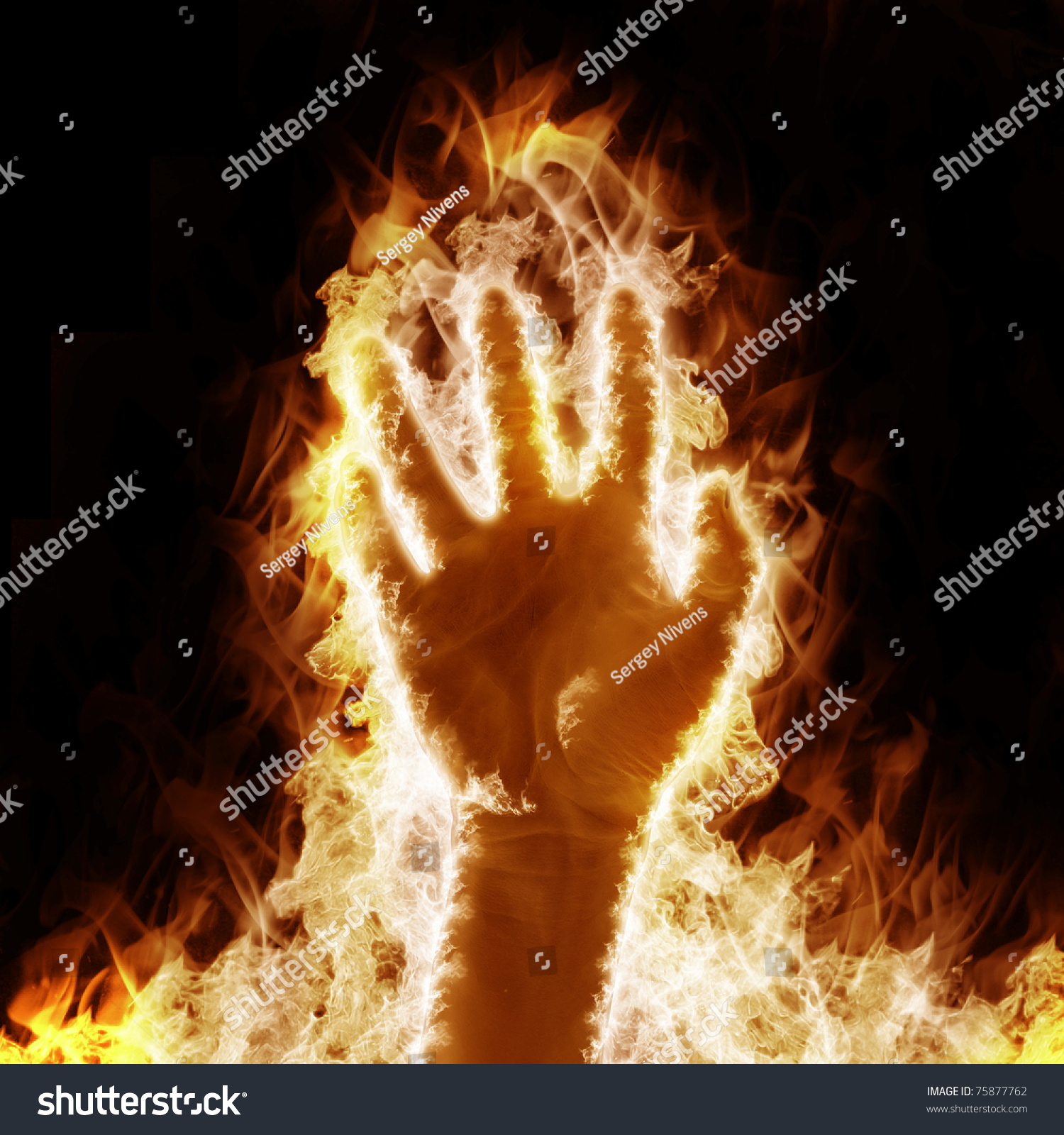 Human Hand Open Arms Fire On A Black Background Stock Photo 75877762 ...