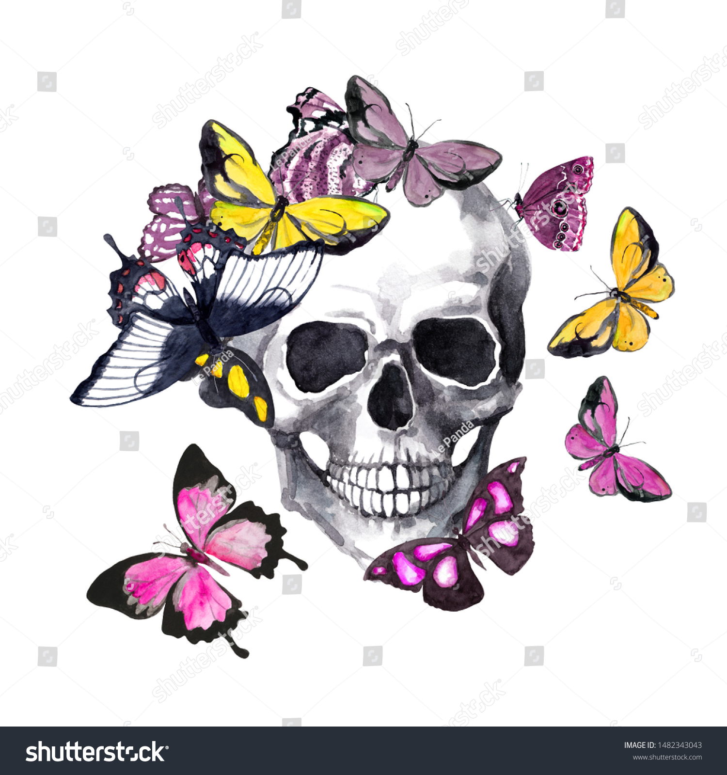 Human Skull Butterflies Watercolor Halloween Gothic Stock Illustration ...