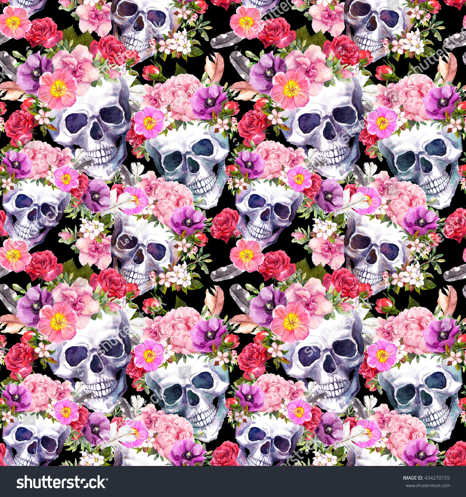 Human Skulls Flowers Seamless Pattern Watercolor Stock Illustration ...