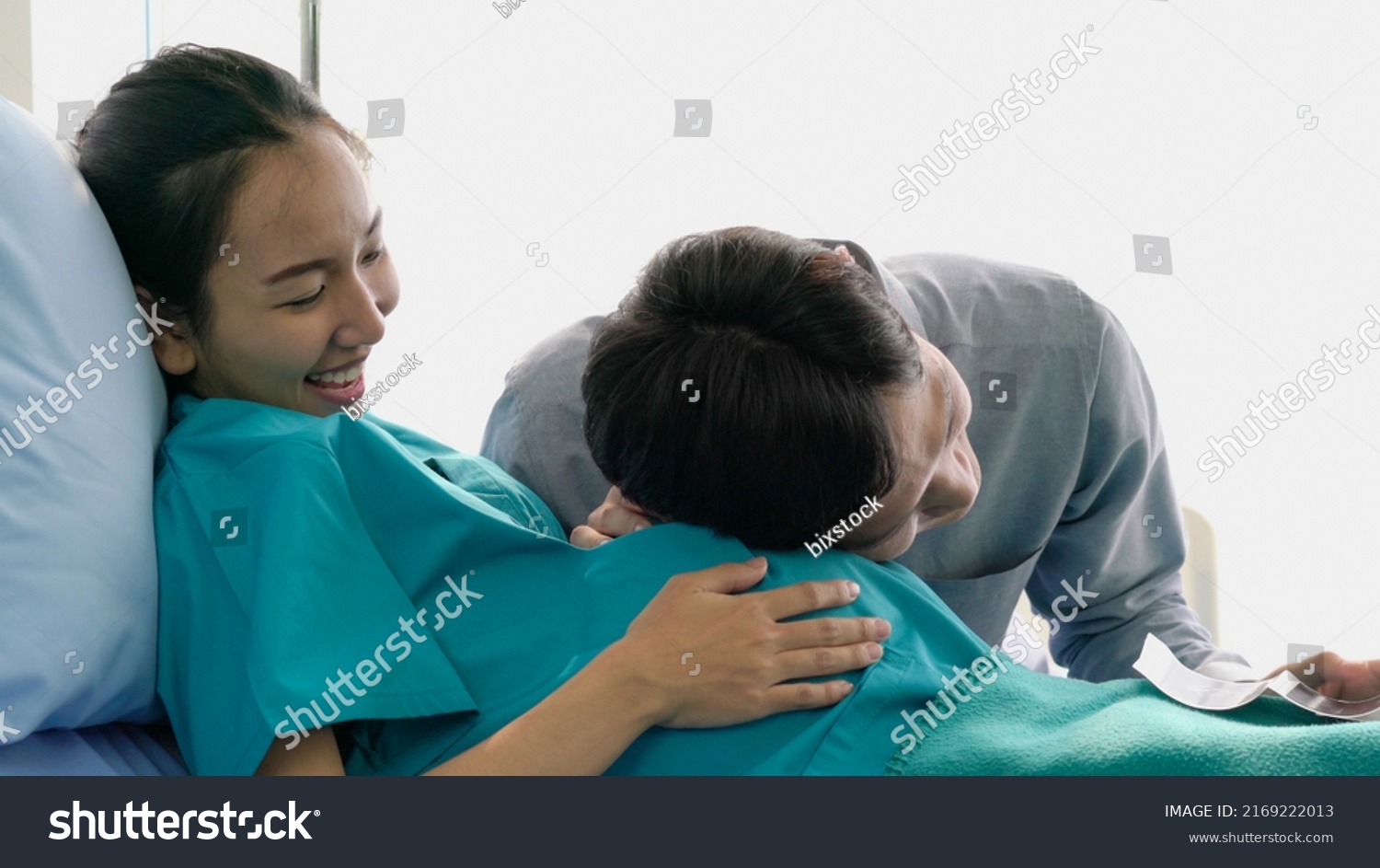 Husband Listening Sound Flex Pregnant Belly Stock Photo 2169222013