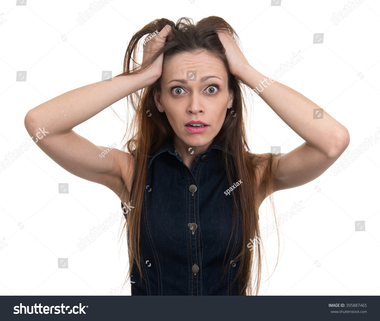 Hysterical Woman Expression With Her Hands On The Head. Isolated Stock ...