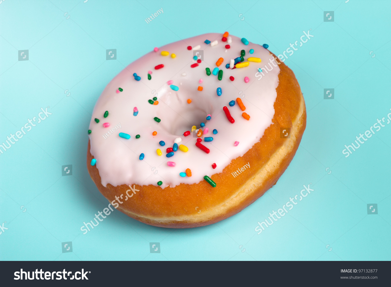 Iced, Glazed Donut With Festive Rainbow Sprinkles Stock Photo 97132877 ...