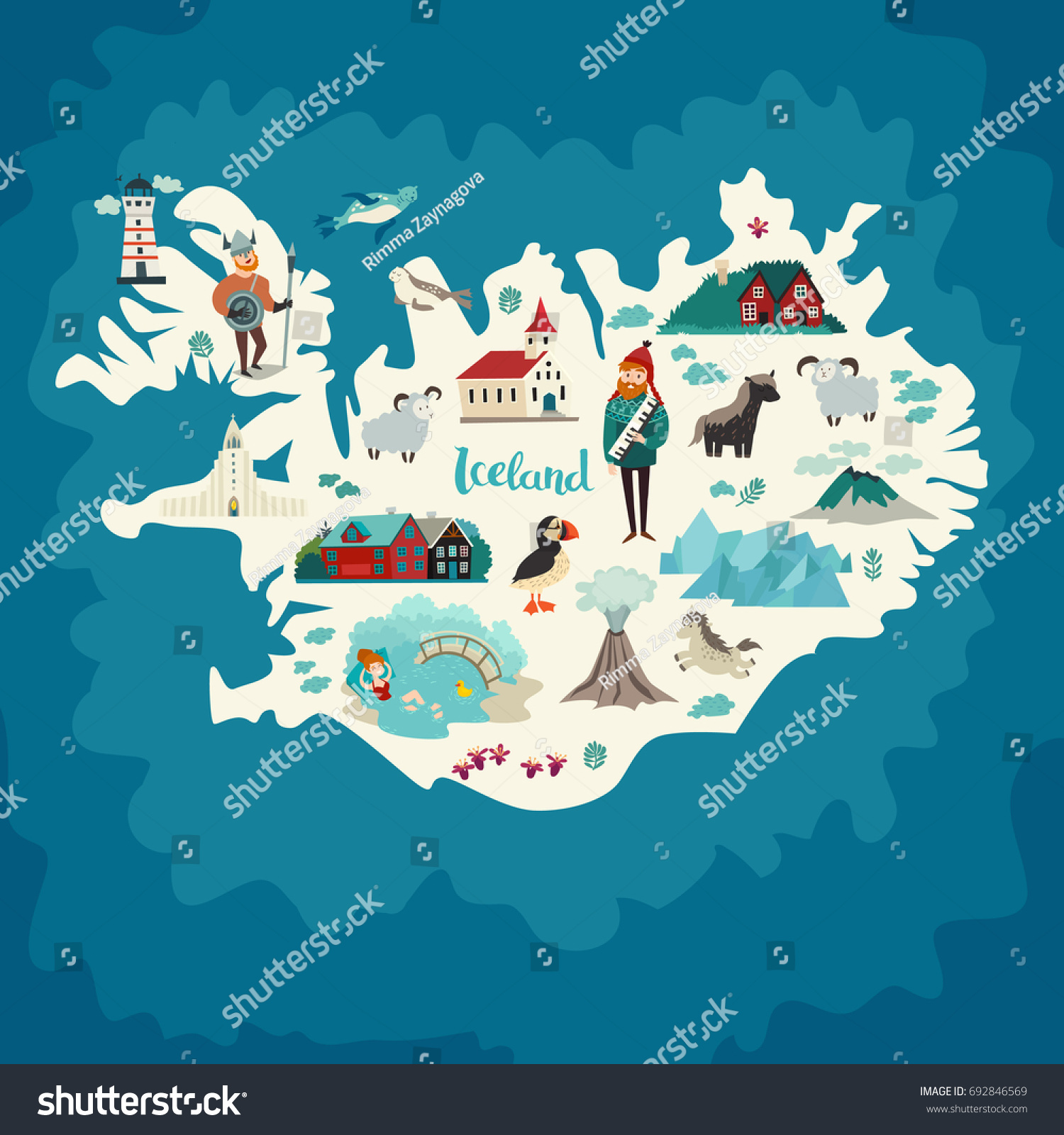 Iceland Map Landmarks Handdrawn Vector Illustration Stock Illustration ...