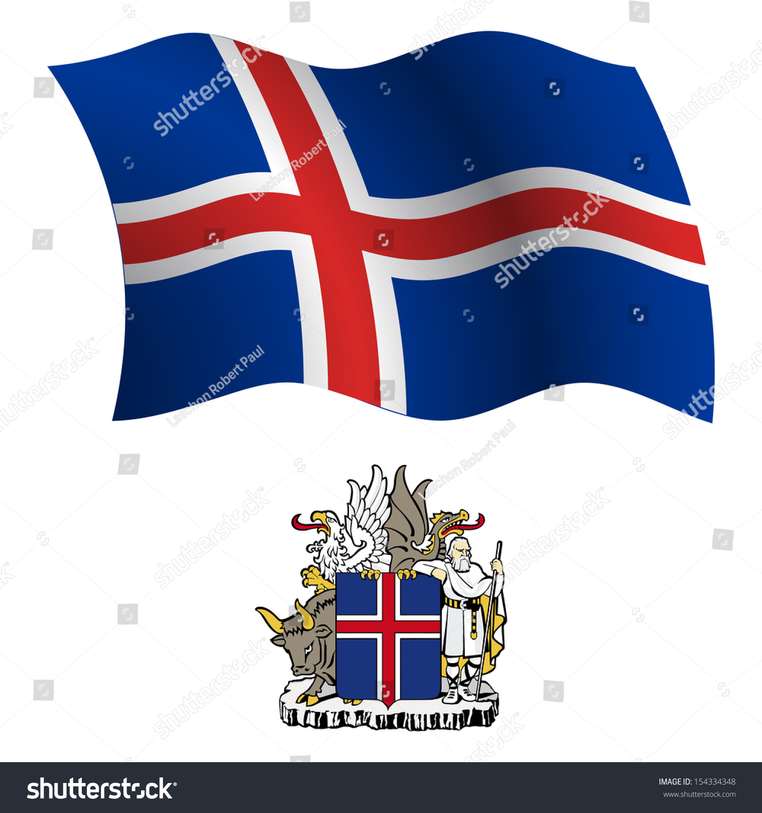 Iceland Wavy Flag And Coat Of Arms Against White Background, Art ...