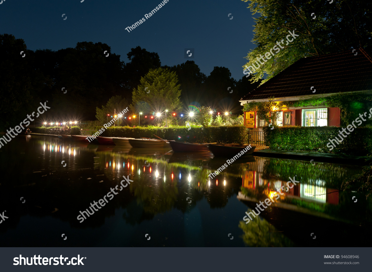 Illuminated House Lake Beergardenhaus See Im Stock Photo Edit Now