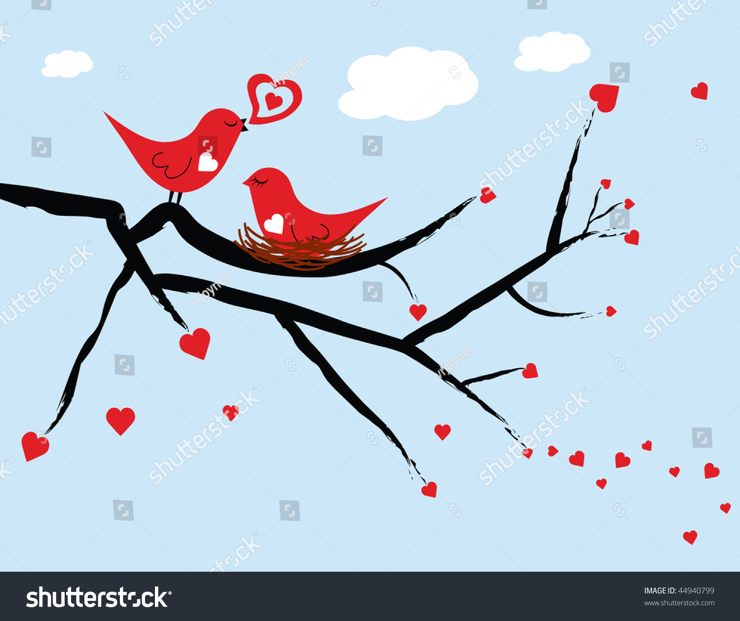 Illustrated Red Love Birds With The Female Love Bird Sitting On A Nest ...