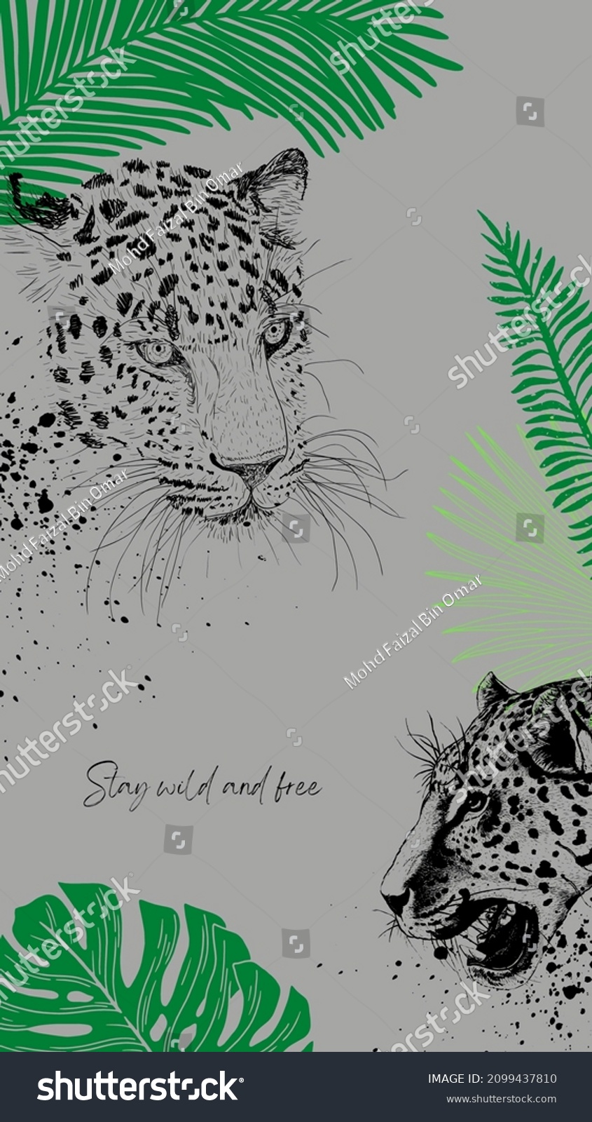 Illustration Cheetah Leopards Palm Leaves Tree Stock Illustration