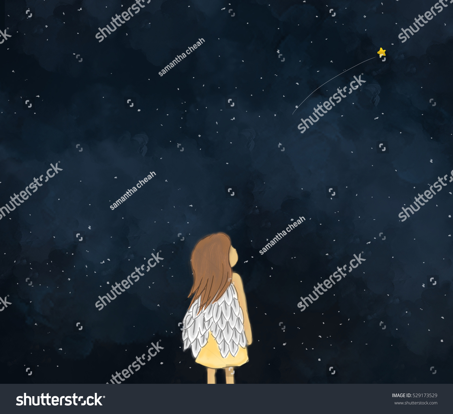 星の夜の流れ星を見る少女の天使のイラスト 暗い空の夜の時間背景壁紙テンプレートデザイン 夢を見 空想 願いをかき立てるという考え のイラスト素材