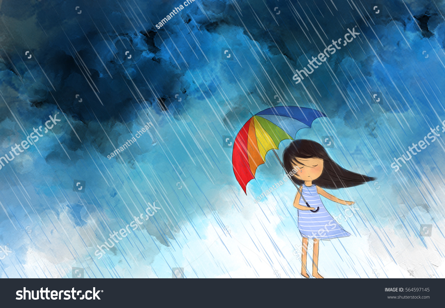 大雨の中に立つカラフルな傘を持つ泣く女の子のイラスト 暗い空の壁紙の背景画 寂しく 惨めで 悲しいデザインテンプレートのアイデア のイラスト素材