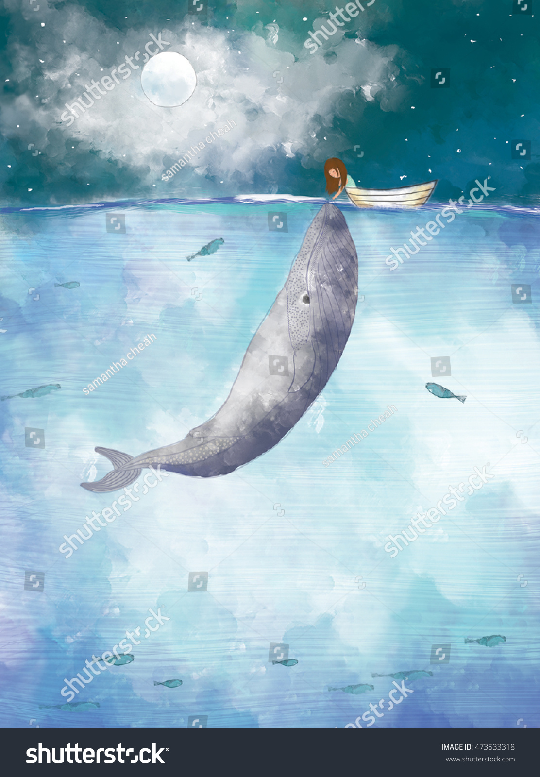 Illustration Drawing Girl Sealing Whale Ocean Stock Illustration